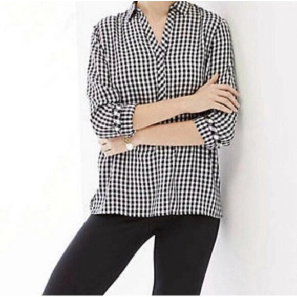 J. Jill Womens Small Black White Gingham Popover Blouse Long Sleeve Split Hem - Picture 2 of 12
